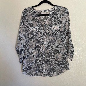 LOFT Pink and Black Floral Print tie up Sleeve Top/Blouse Medium